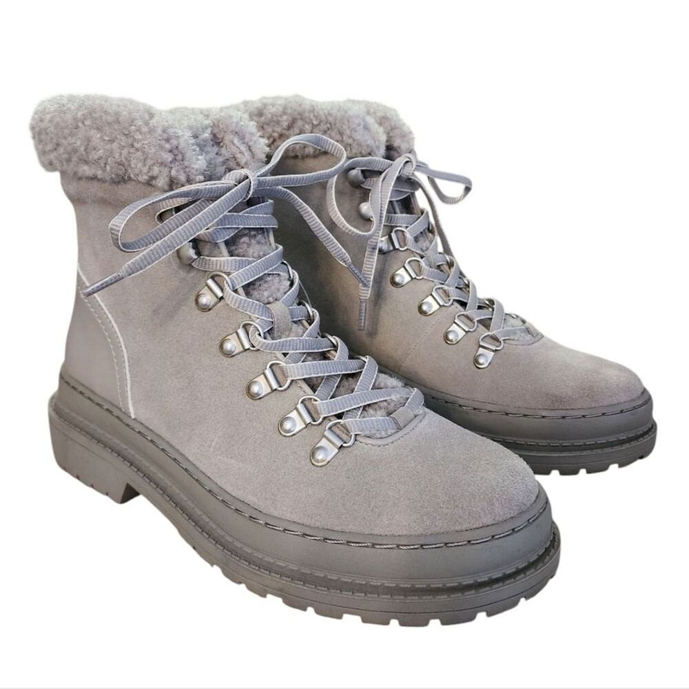 Splendid Womens Gray Suede Faux Fur Trim Lace Up Lug Heel Boots Size 7.5M Hiking